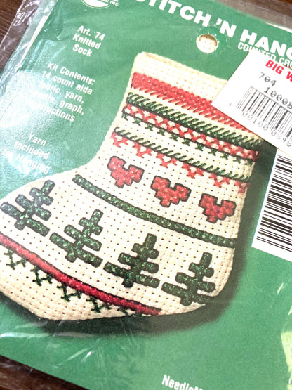 Stitch 'n Hang Counted Cross Stitch Kit - Knitted Sock Mini Stocking - Fair Isle - #74 - Complete Kit - Vintage - NMI - Needle Magic Inc