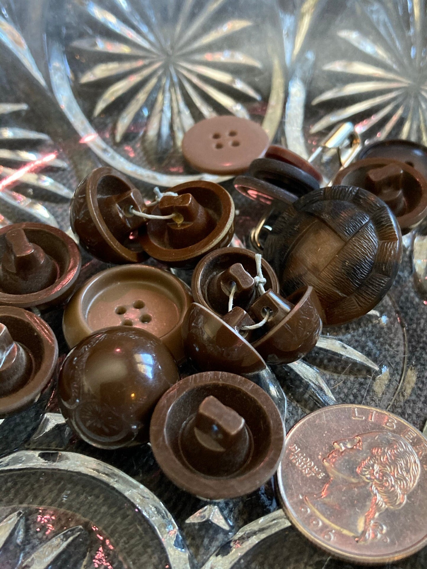 Button Pack #6 - Brown, Vintage Buttons - Shank Back, 4 Holes and 2 Holes - 17 Buttons