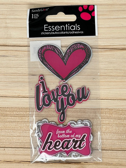 SandyLion Essentials Stickers - I Love You - Pink and Brown - Chipboard and Glitter - I Love You From the Bottom of My Heart - Valentine's