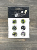 Studio G - 6 Epoxy Brads - 2011 Janet Dunn designed for Studio G - Halloween Words and Icons - Boo, Eek!, Hocus Pocus, Trick or Treat, Skull