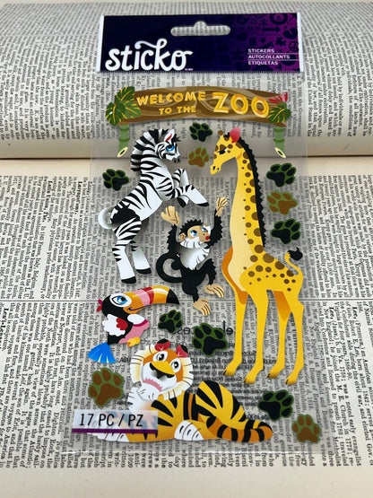 Sticko Stickers - Welcome to the Zoo - Scrapbooking, journaling, planners - Zebra, Giraffe, Monkey, Tucan, Tiger, Paw Prints, zoo trip