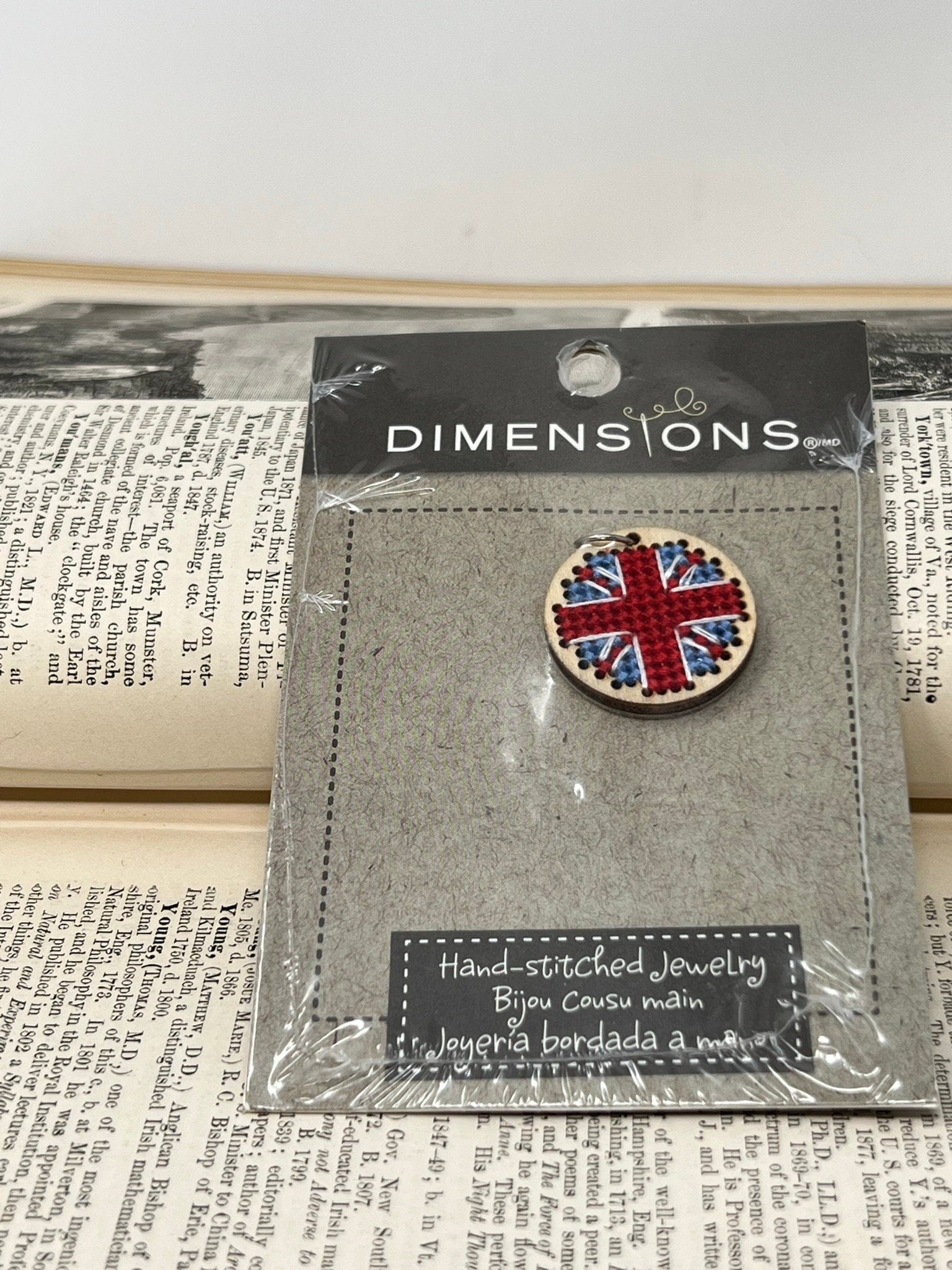 Dimensions Hand-Stitched Jewelry - Just add your favorite chain! #72-74090 Small Circle Union Jack - Cross Stitched Wood Pendant - charms