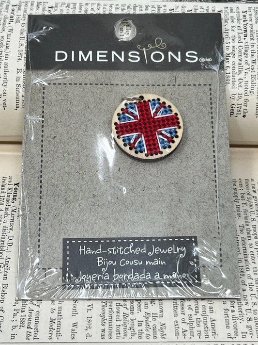 Dimensions Hand-Stitched Jewelry - Just add your favorite chain! #72-74090 Small Circle Union Jack - Cross Stitched Wood Pendant - charms