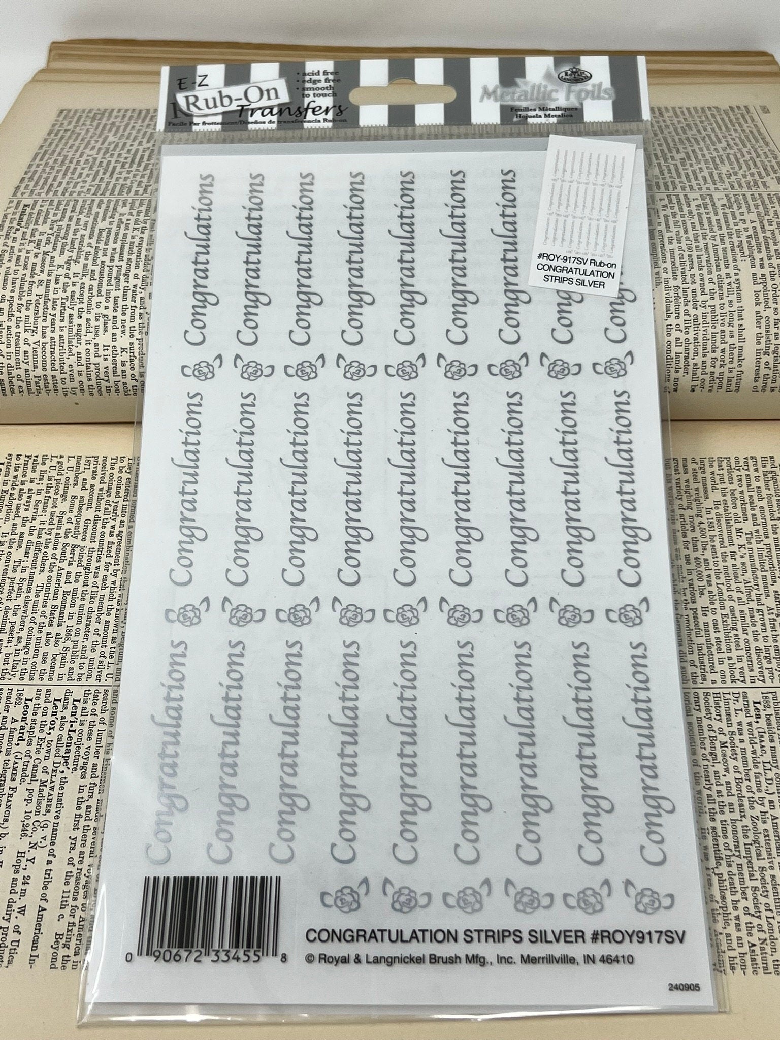 E-Z Rub on Transfers Metallic Foils - Congratulations Strips Silver - Wedding Rub on decals - scrapbooking, card making, junk journaling