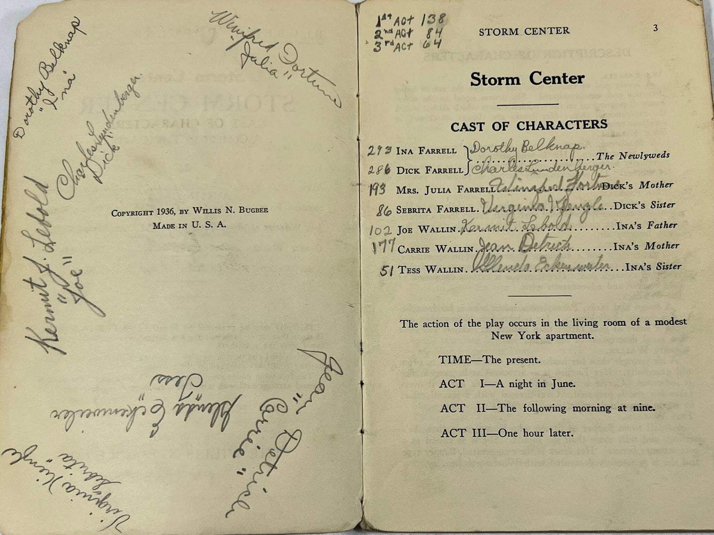 Bugbee's Popular Plays - Storm Center by Austin Goetz - The Willis N. Bugbee Co, Syracuse, N.Y. - script for Dick - 1936 - Signed by cast