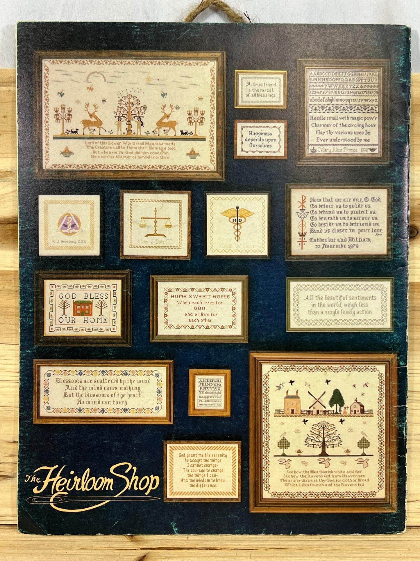 Heirloom Samplers - The Heirloom Shop - 1978 - Antique Alphabet, Serenity Prayer, God Bless Our Home, Happiness & Blossoms, Wedding Prayer