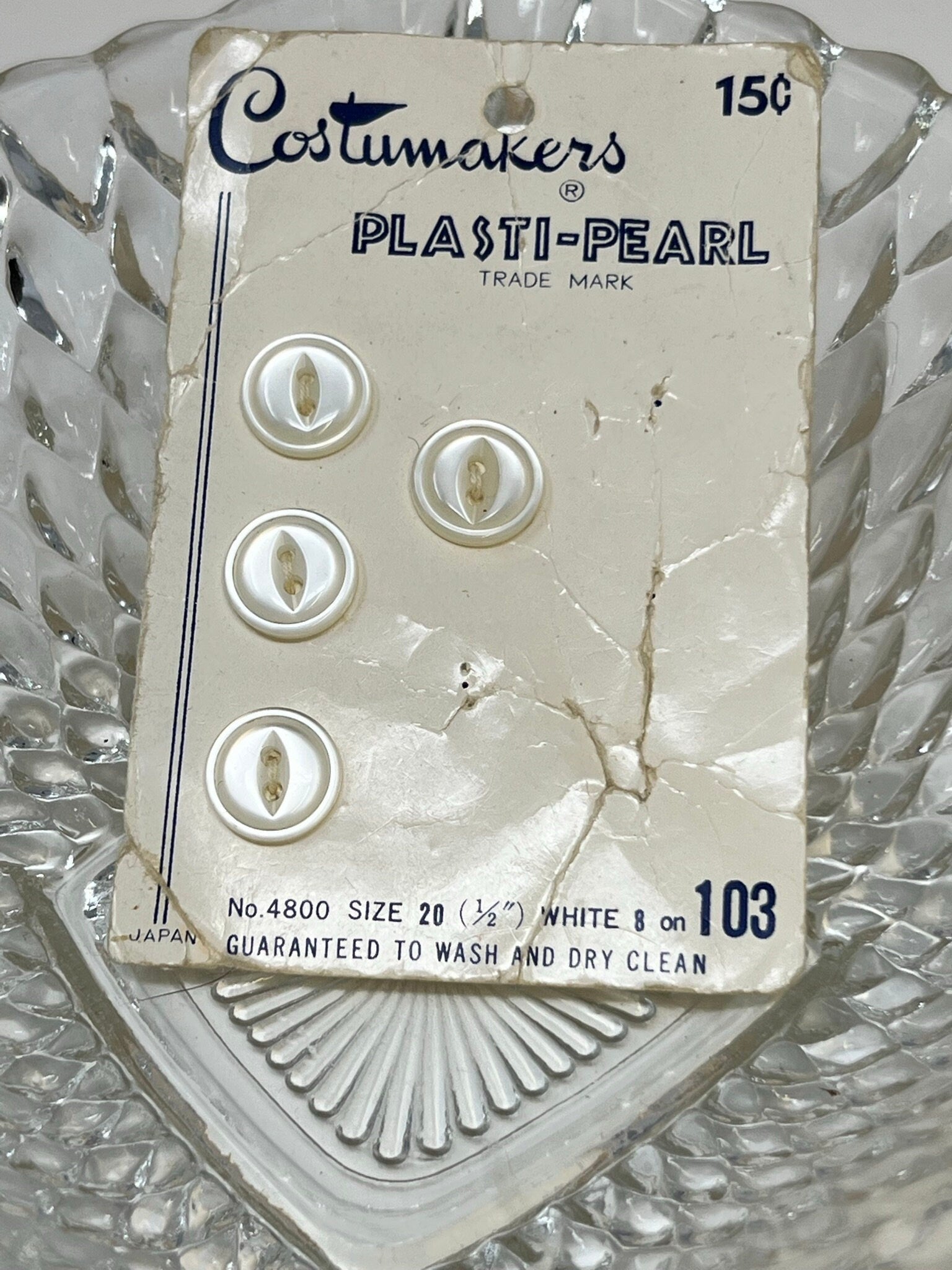 Button Pack #19 - White Vintage Buttons - 2 Holes - 4 Buttons - Costumakers Plasti-Pearl - 4800 size 20 1/2" -  On card, missing 4 buttons
