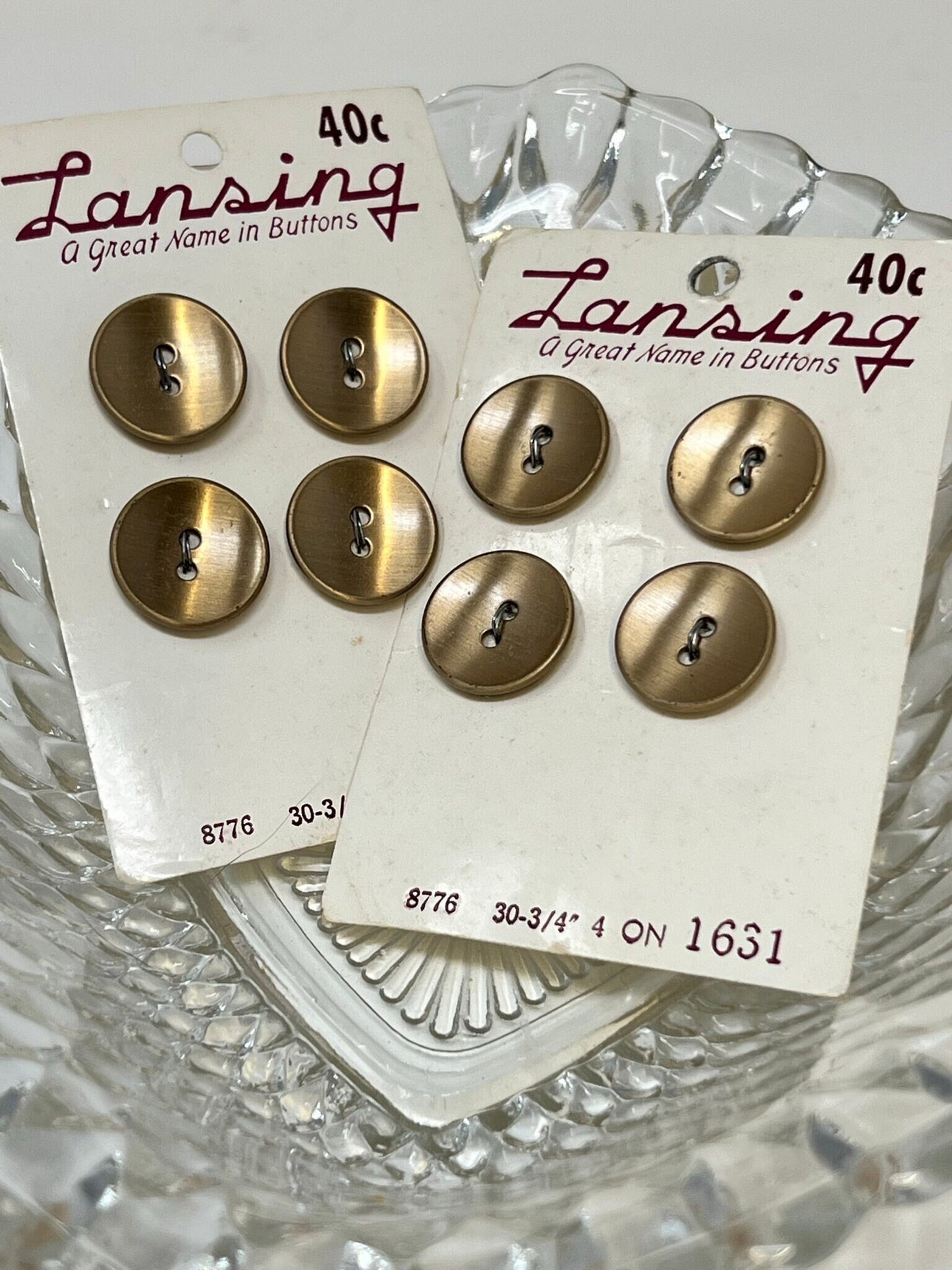 Button Pack #22 - Gold Vintage Buttons - 2 Holes - 8 Buttons - Lansing - 8776 size 30 3/4" -  On cards, none missing