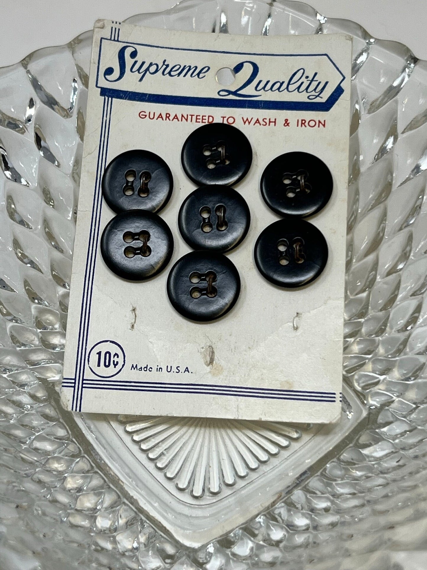 Button Pack #23 - Black Vintage Buttons - 4 Holes - 7 Buttons - Supreme Quality - Guaranteed to wash and Iron -  On card, 3 missing