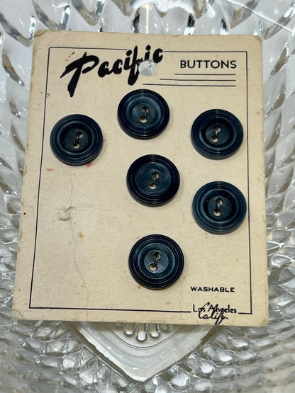 Button Pack #45 - Blue Vintage Buttons - 2 Holes - 6 Buttons - Pacific Buttons - Washable, Los Angeles California - On card, one missing