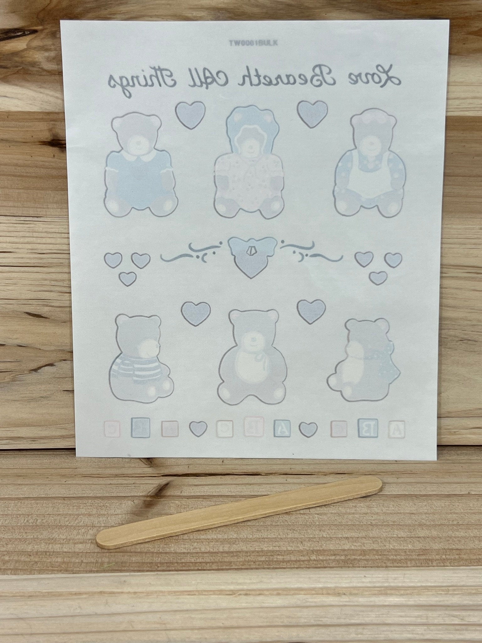 Rub-on Paint Appliques for Tupperware brand plastic photo frames. 33412 Love Beareth - Full pack - Bears, blocks, hearts - kids and babies