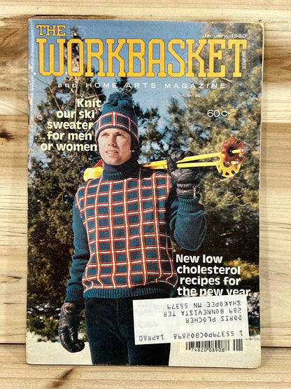 The Workbasket and Home Arts Magazine - January 1980 - Knit ski sweater, Crochet Doll Face Bonnet, Knit Sausage Socks, Tatted Leaf & Flower