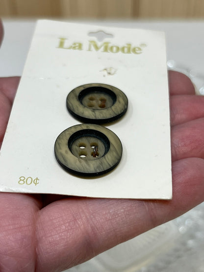 Button Pack #17 - Tan Wood, Vintage Buttons - 4 Holes - 2 Buttons - La Mode - #3145 size 19mm - 3/4" - Vintage - On card, missing one button