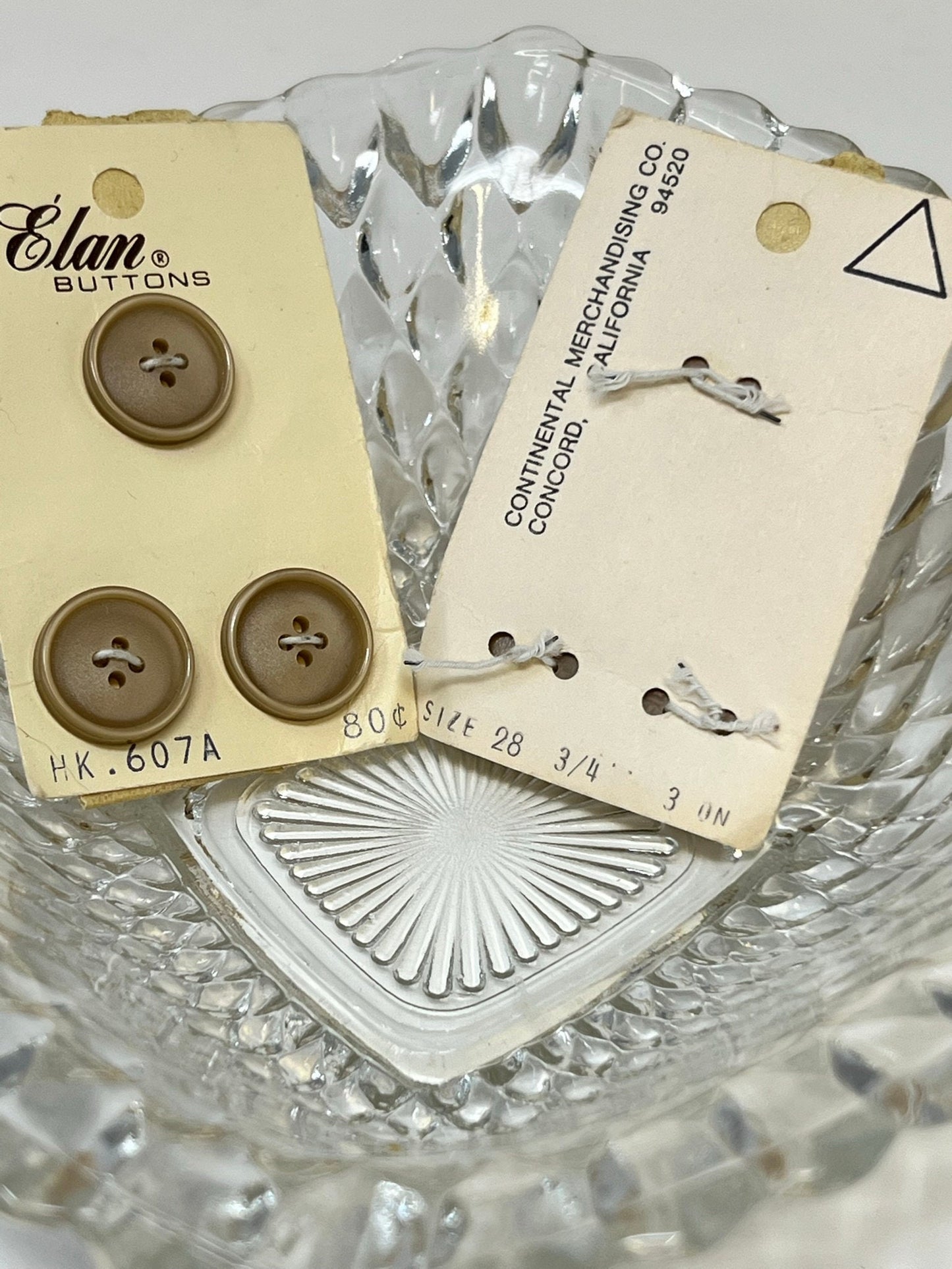 Button Pack #47 - Tan Vintage Buttons - 4 Holes - 6 Buttons - Elan Buttons - HK 607A size 28 3/4" -  On cards, none missing