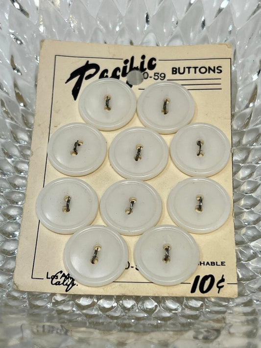 Button Pack #51 - White Vintage Buttons - 2 Holes - 10 Buttons - Pacific Buttons - Washable, Los Angeles California - On card, none missing