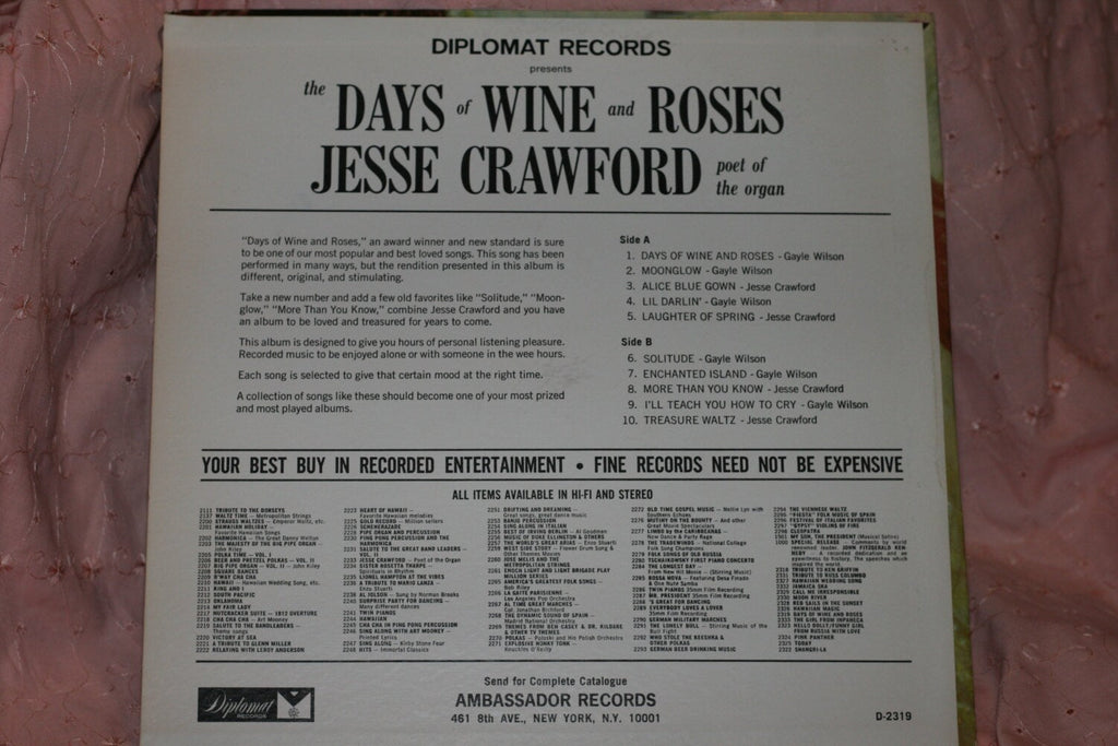 Jesse Crawford, Gayle Wilson - The Days Of Wine And Roses Vinyl, LP, Record