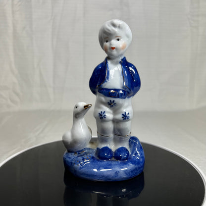 Blue and White Boy and His Goose Figurine