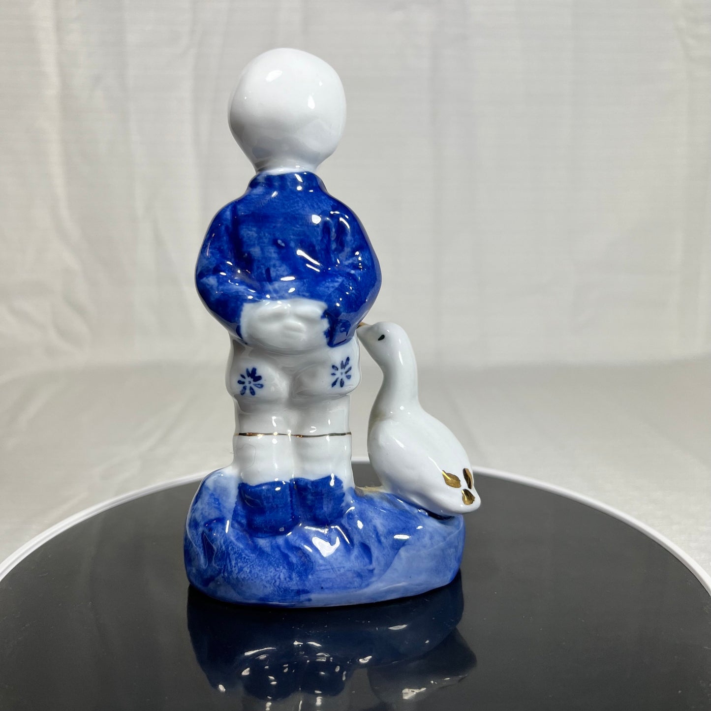 Blue and White Boy and His Goose Figurine