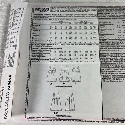 McCall's M5698 Sewing Pattern Girl's 7, 8, 10, 12, 14 - cut, but all sizes available