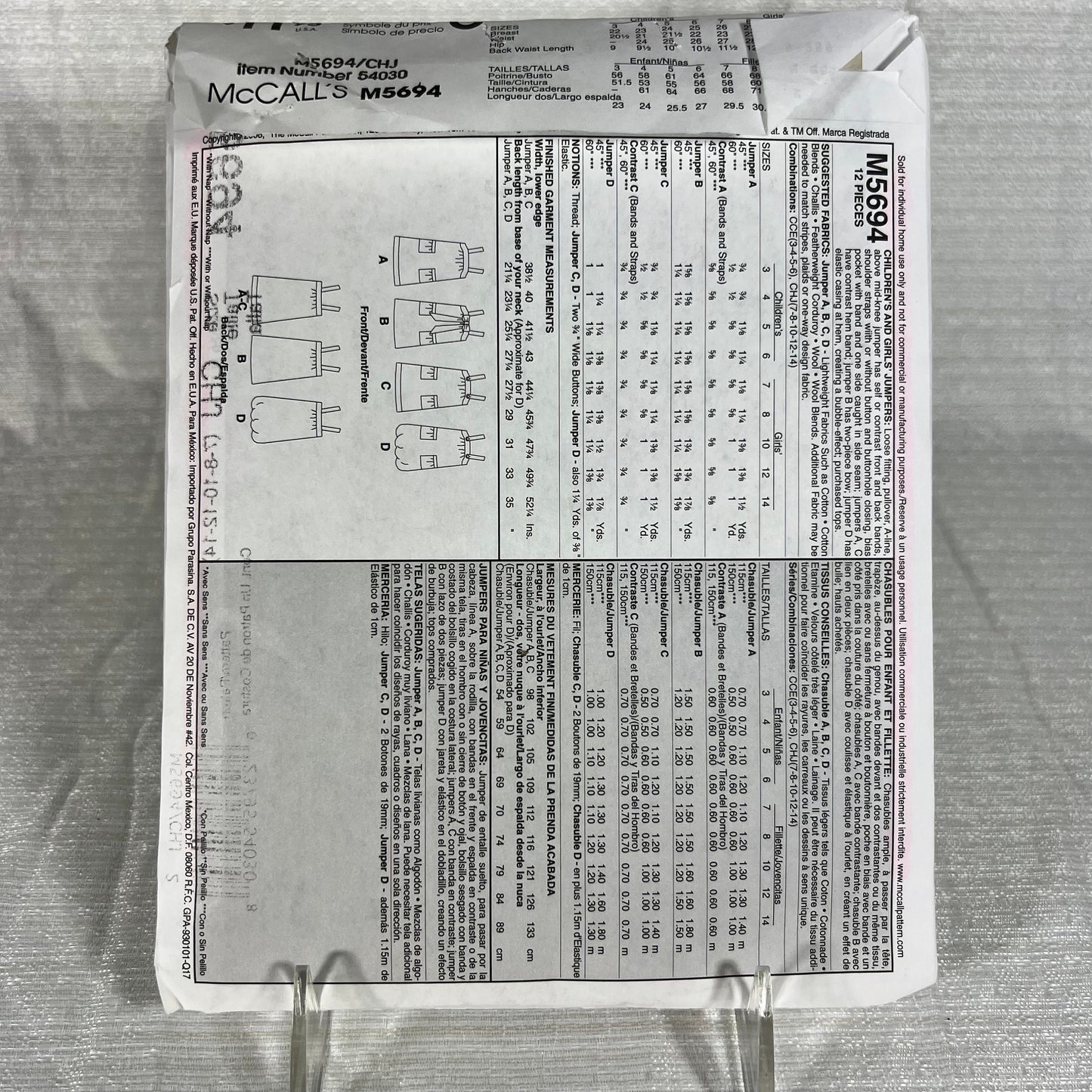 McCall's M5694 Sewing Pattern CHJ 7, 8, 10, 12, 14 - cut, all sizes available