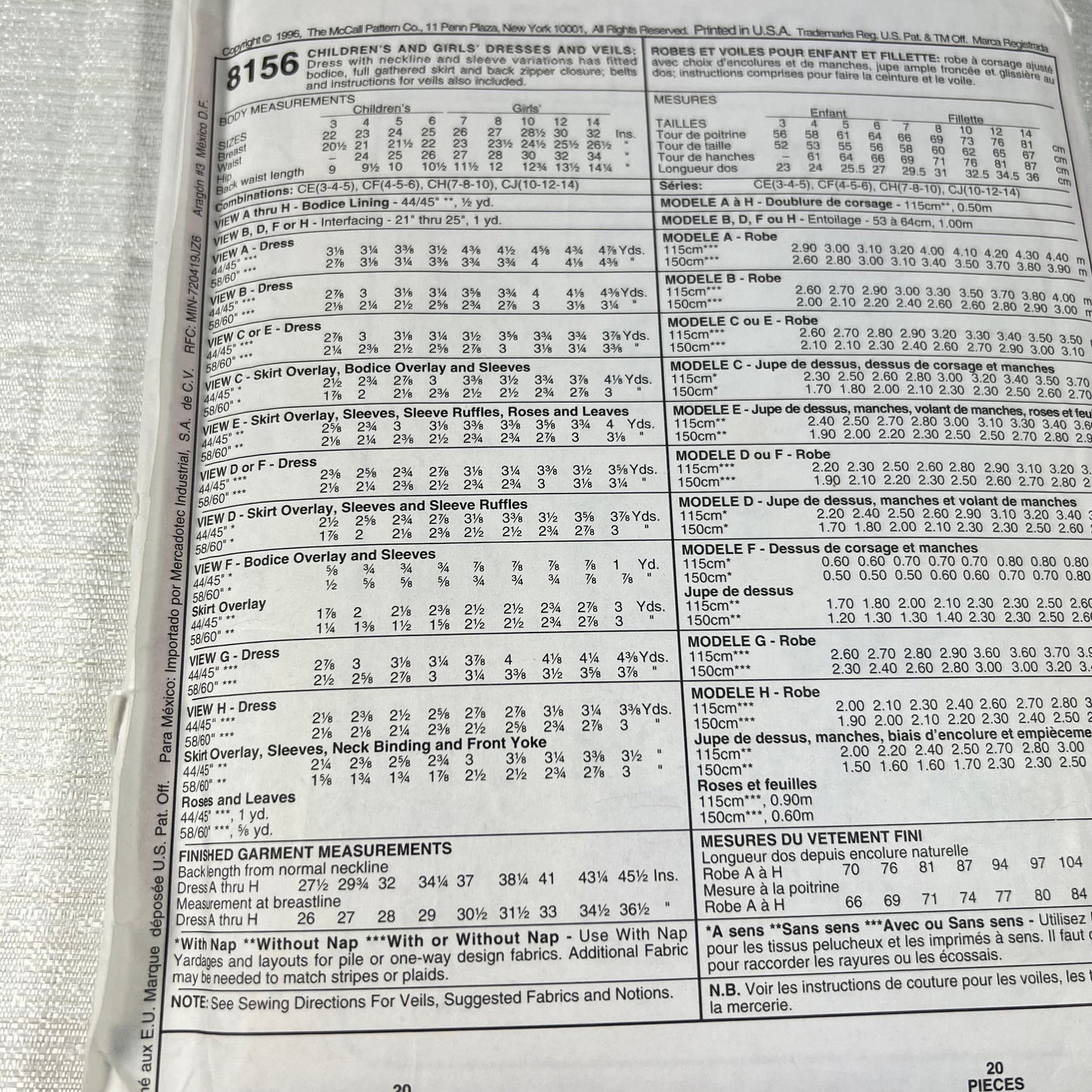 McCall's 8156 Sewing Pattern CH 7, 8, 10 - cut to a 10, but all sizes available (#1)