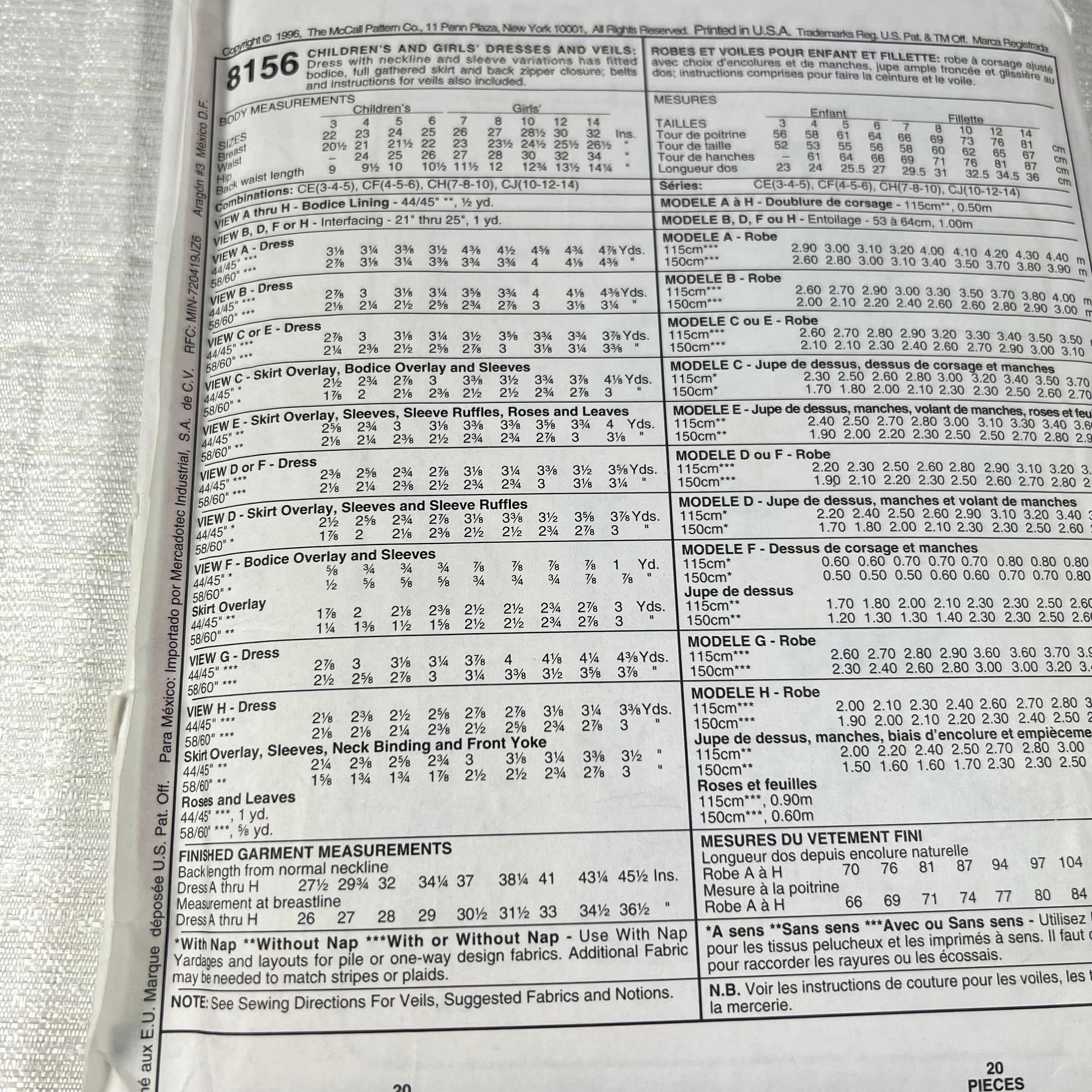 McCall's 8156 Sewing Pattern CH 7, 8, 10 - cut to a 10, but all sizes available (#1)