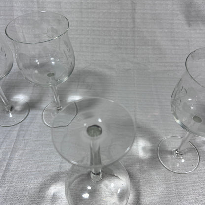 Princess House Vintage Floral Etched Wine Glasses - set of four (some small chips)