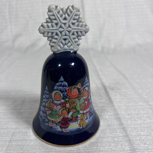 Vintage Avon Collectibles 1987 Christmas Bell, Caroling Kids, Blue Snowflake handle