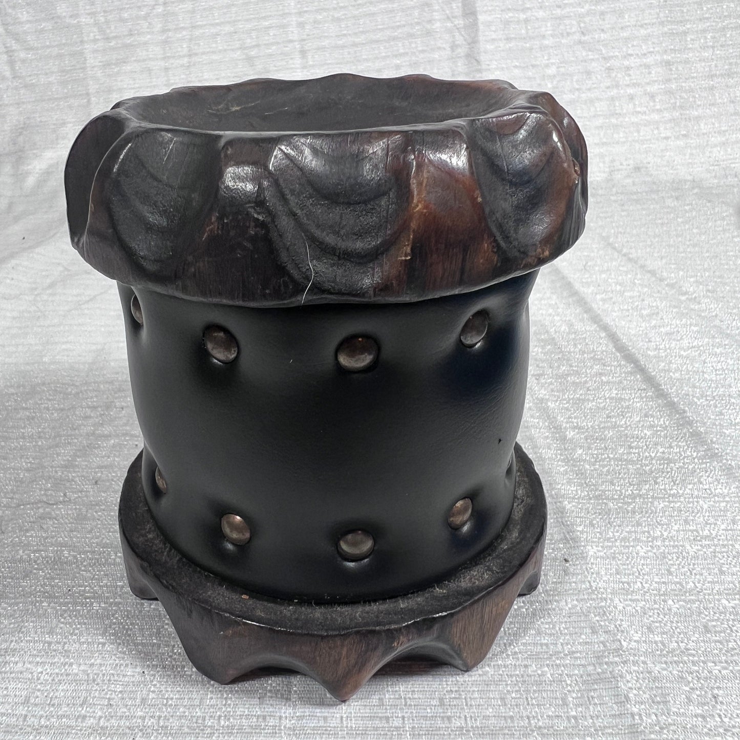 Vintage Hand Carved Wood and Leather Made in Spain Candleholder