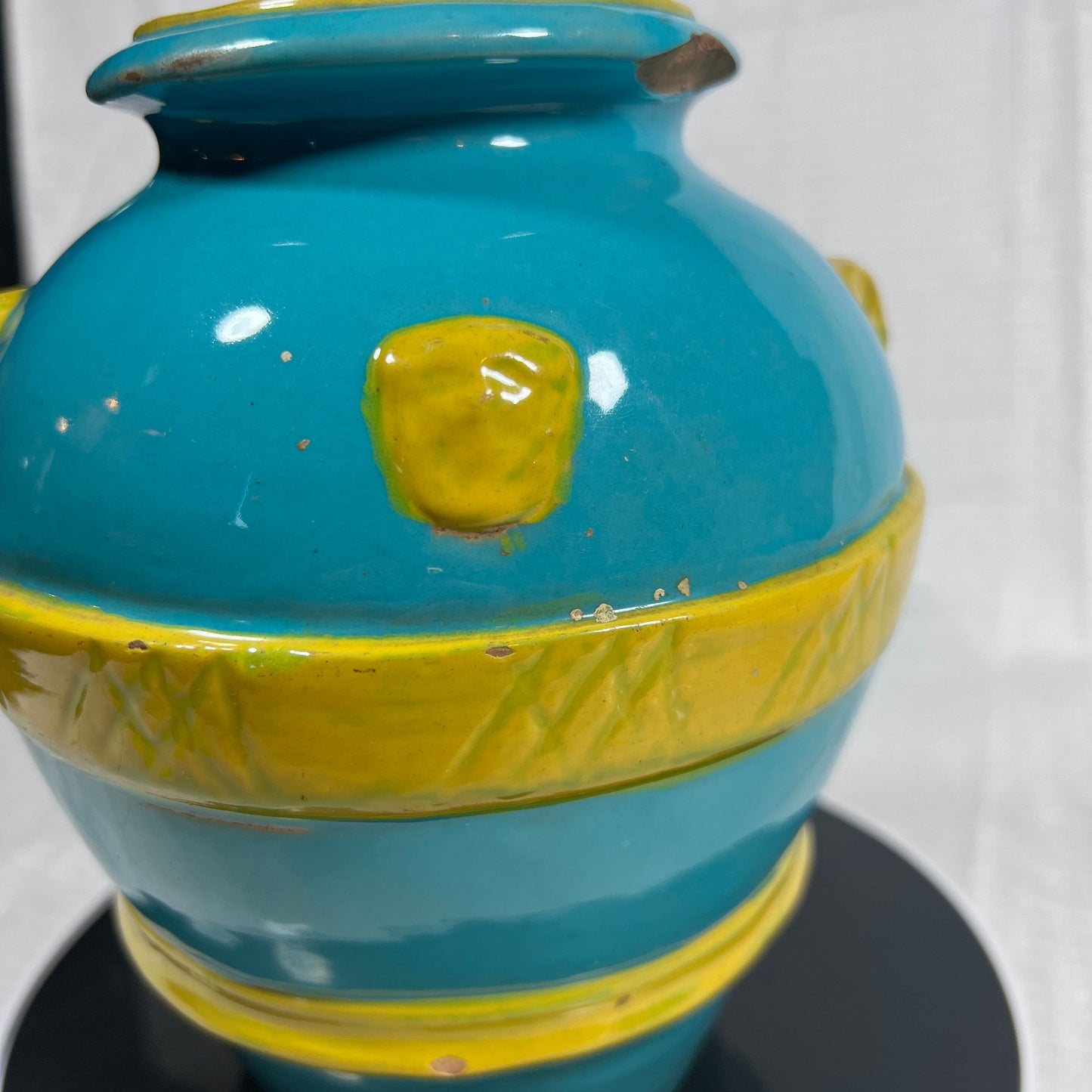 Italian Art Pottery, Signed - Turquoise and Yellow - Chip on the underside of the top