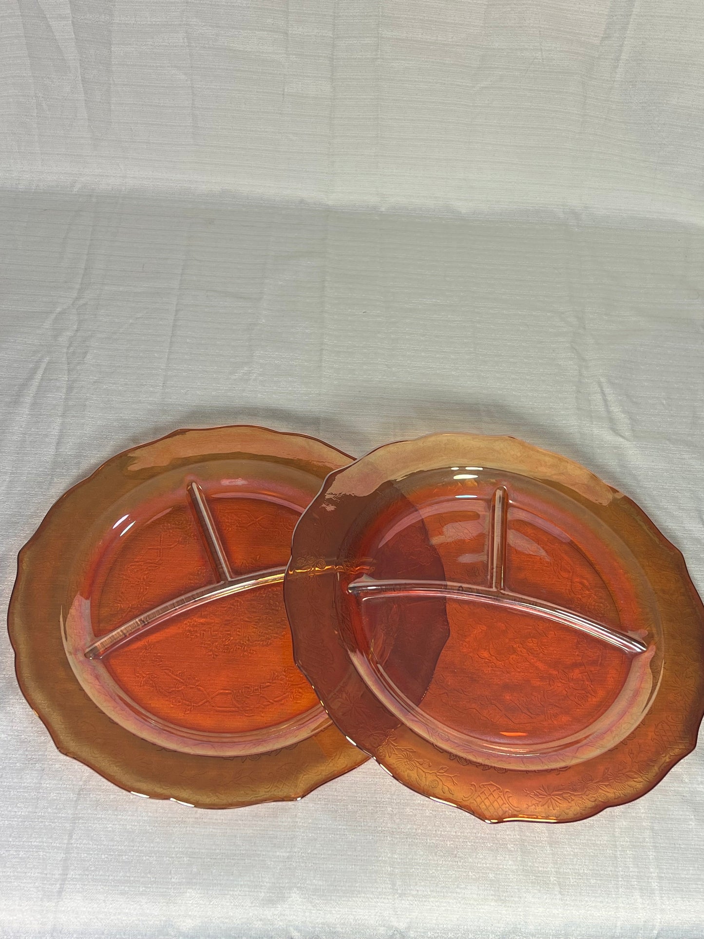 Federal Glass Normandie Depression Glass Grill Plates, set of two, Rose Pattern Divided Plates