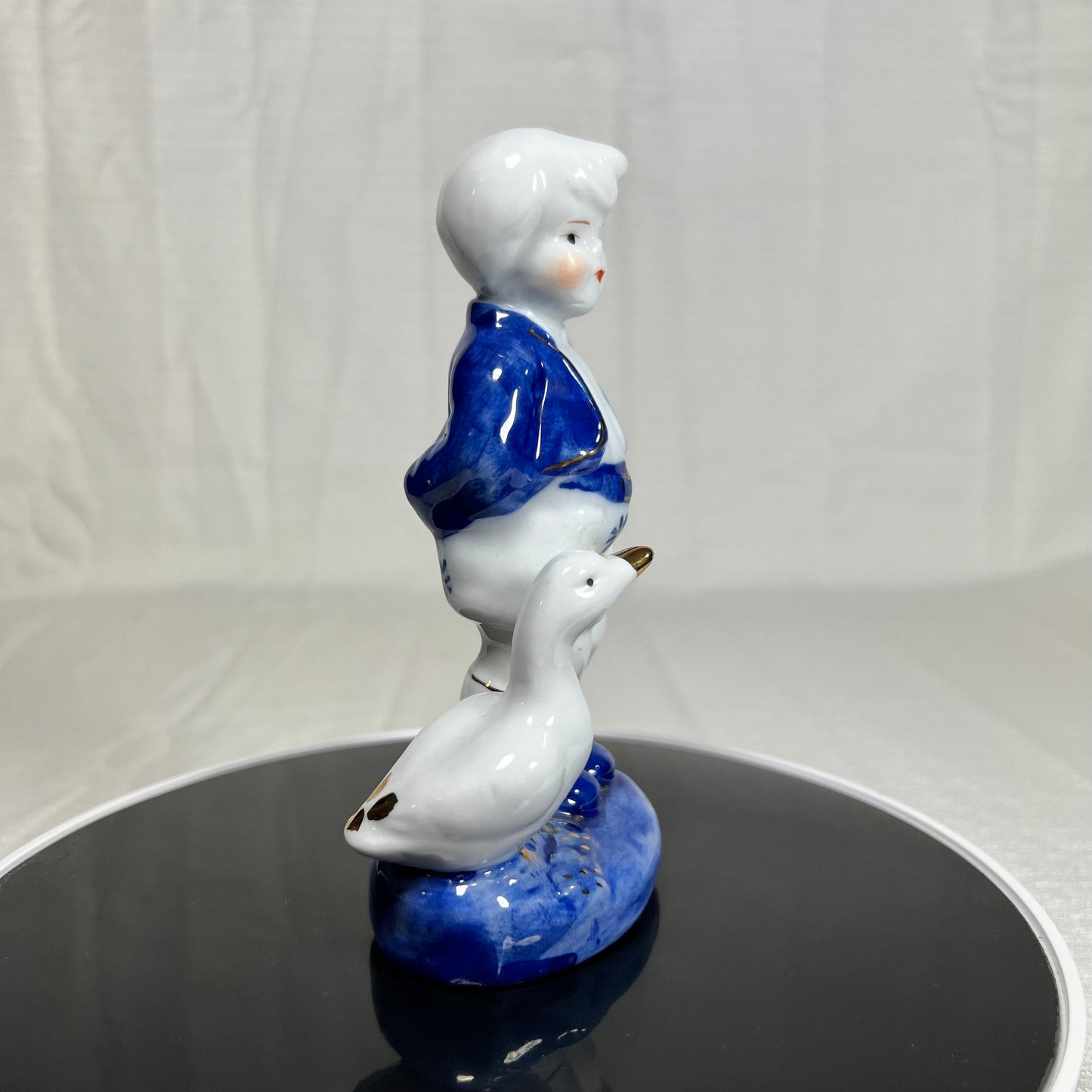 Blue and White Boy and His Goose Figurine