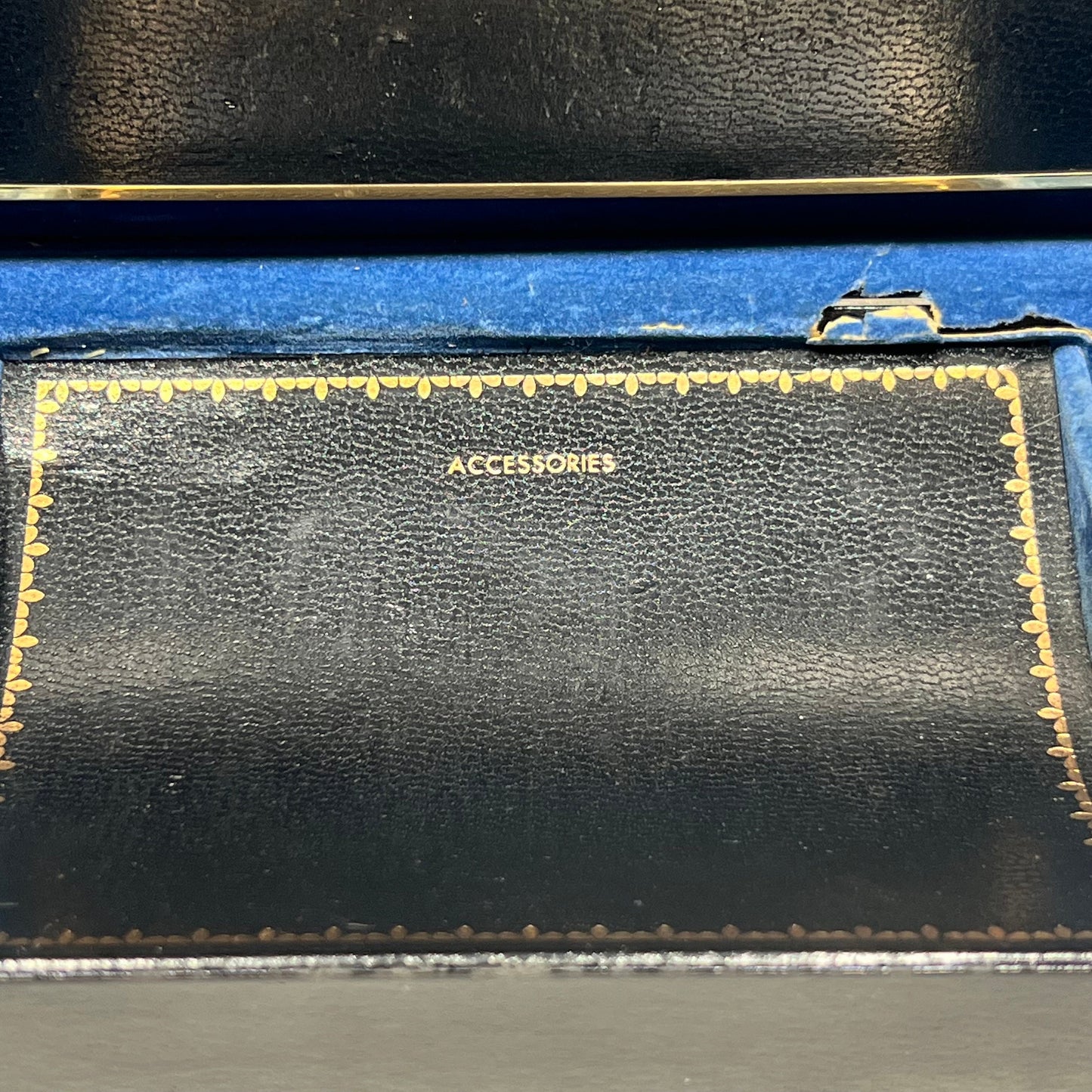 Vintage Mens Black Jewelry Box with Blue Interior (small area where the inside is torn, but still fully functional)