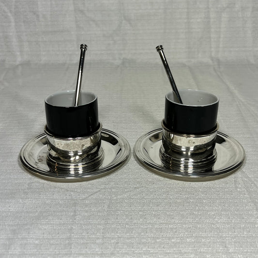 Silver Plated Demitasse Set Made in Hong Kong - 2 cups with holders, two saucers, two spoons