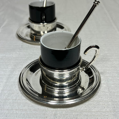 Silver Plated Demitasse Set Made in Hong Kong - 2 cups with holders, two saucers, two spoons