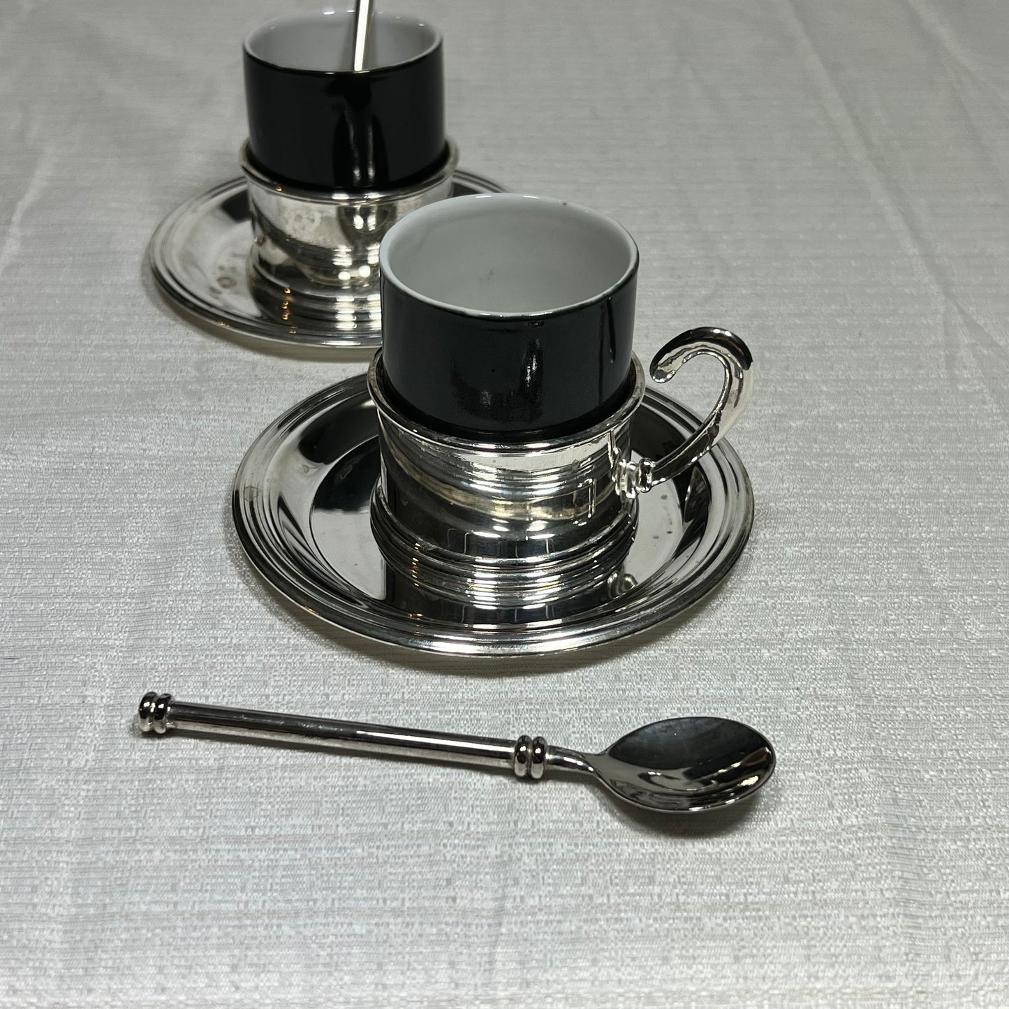 Silver Plated Demitasse Set Made in Hong Kong - 2 cups with holders, two saucers, two spoons