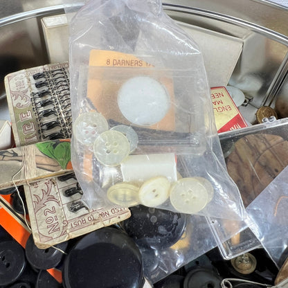 Tin Full of Vintage Buttons and Sewing Supplies