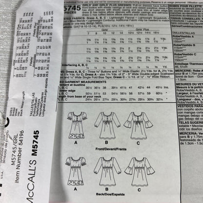 McCall’s M5745 Sewing Pattern Cut to size 10 - Girl’s sizes 7, 8, and 10 can be used