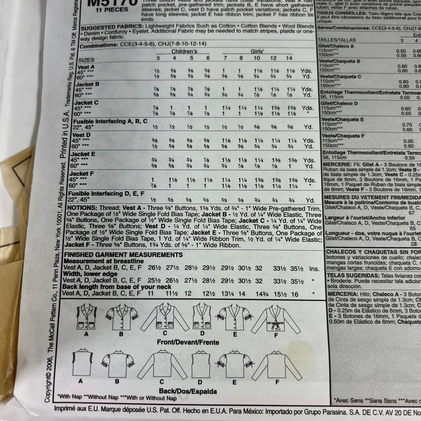 McCall's M5170 Sewing Pattern CHJ 7, 8, 10, 12, 14 - cut, but all sizes available