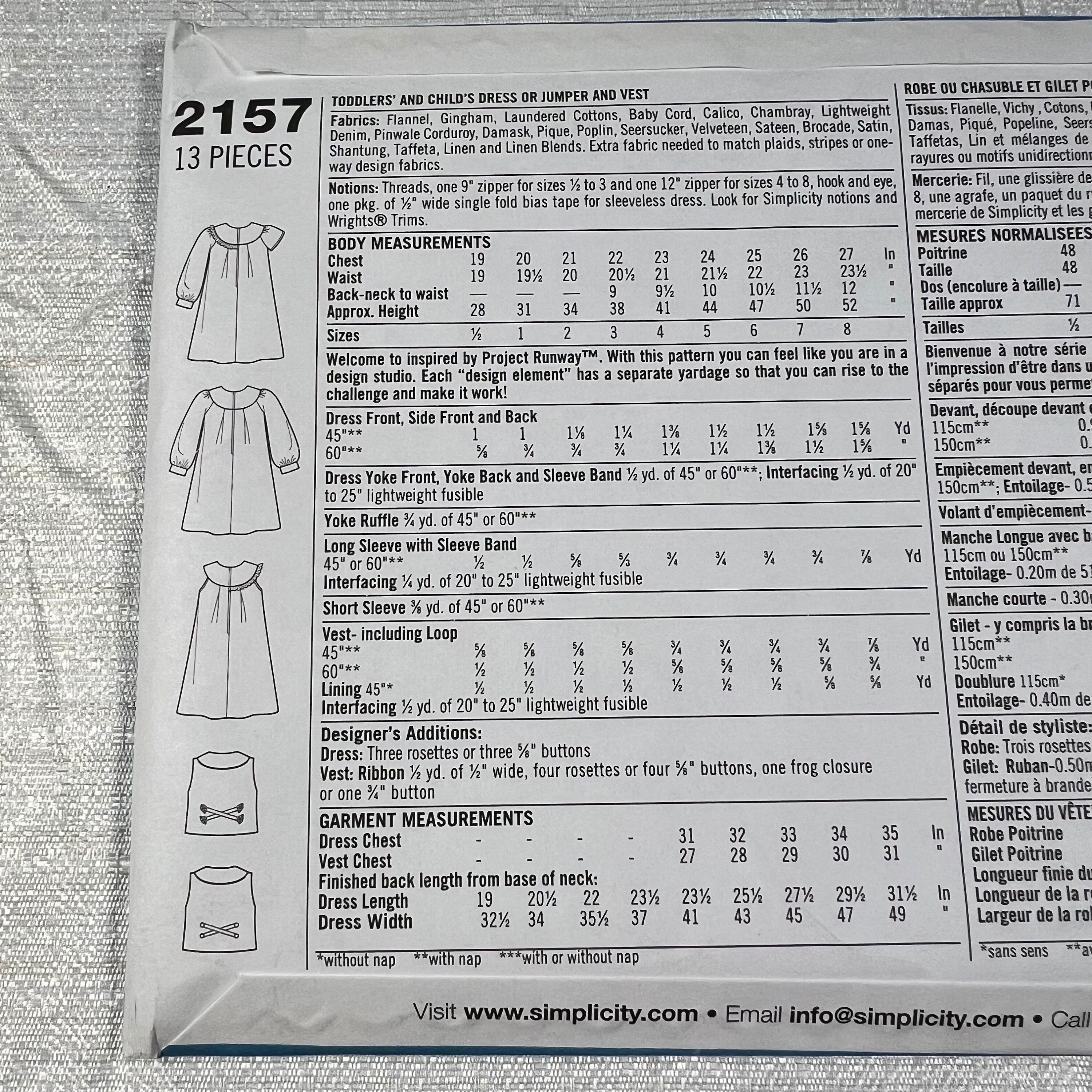 Simplicity 2157 Sewing Pattern BB 4, 5, 6, 7, 8 - uncut