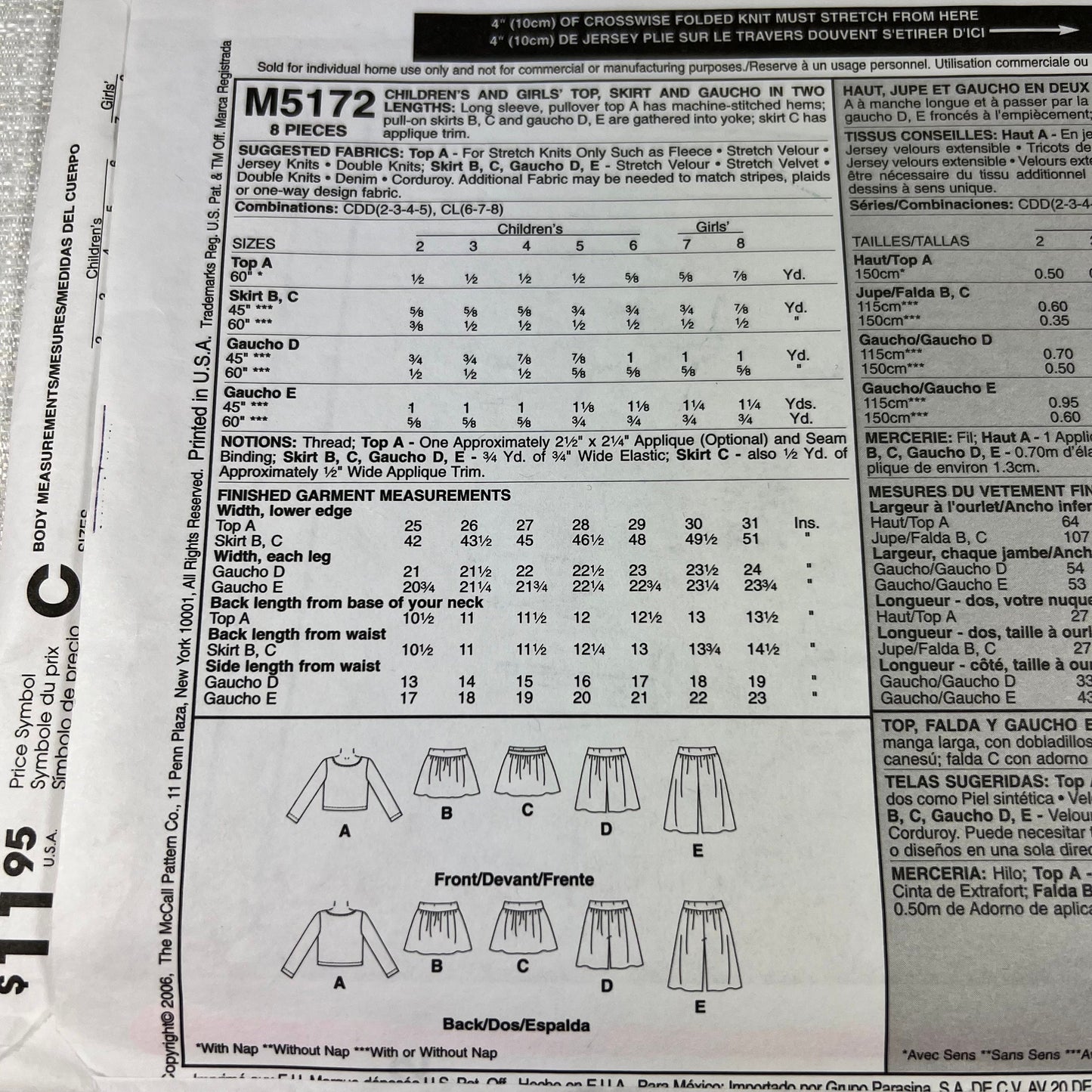 McCall's M5172 Sewing Pattern CL 6, 7, 8 - cut to a size 8, but all sizes available