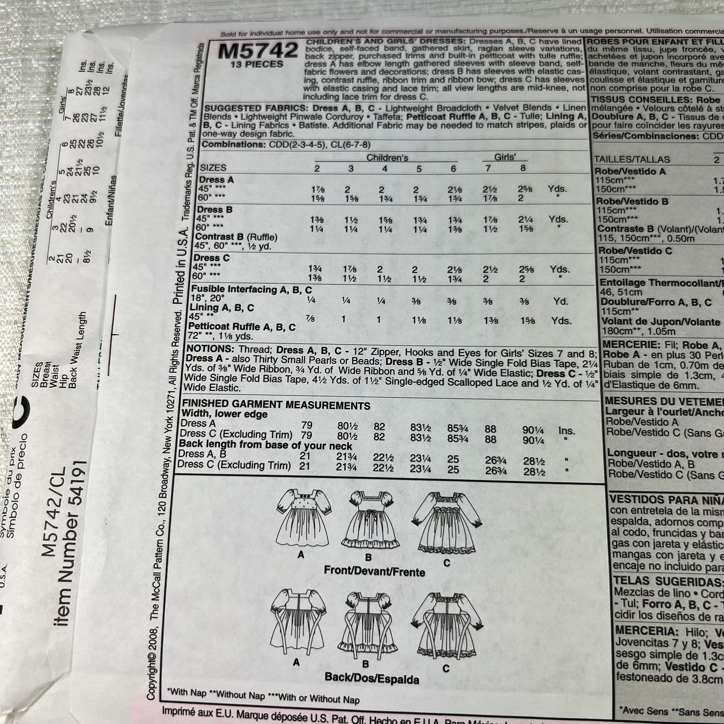 McCall's M5742 Sewing Pattern CL 6, 7, 8 - cut, but all sizes available (#2)