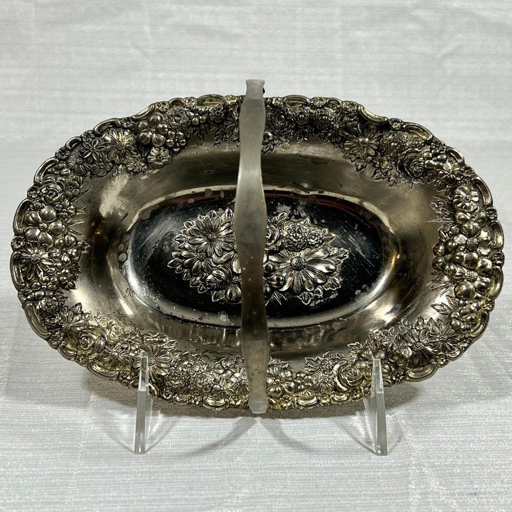 Vintage Silver Plated Raised Flowers Candy Dish Basket
