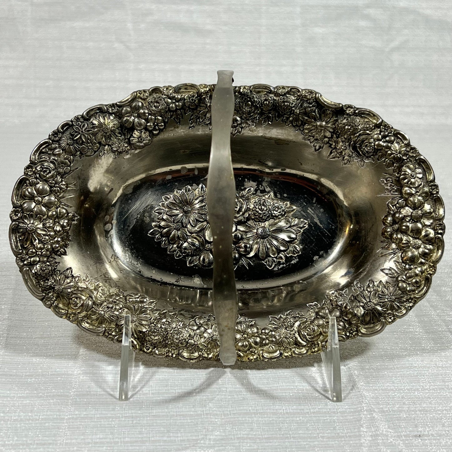 Vintage Silver Plated Raised Flowers Candy Dish Basket