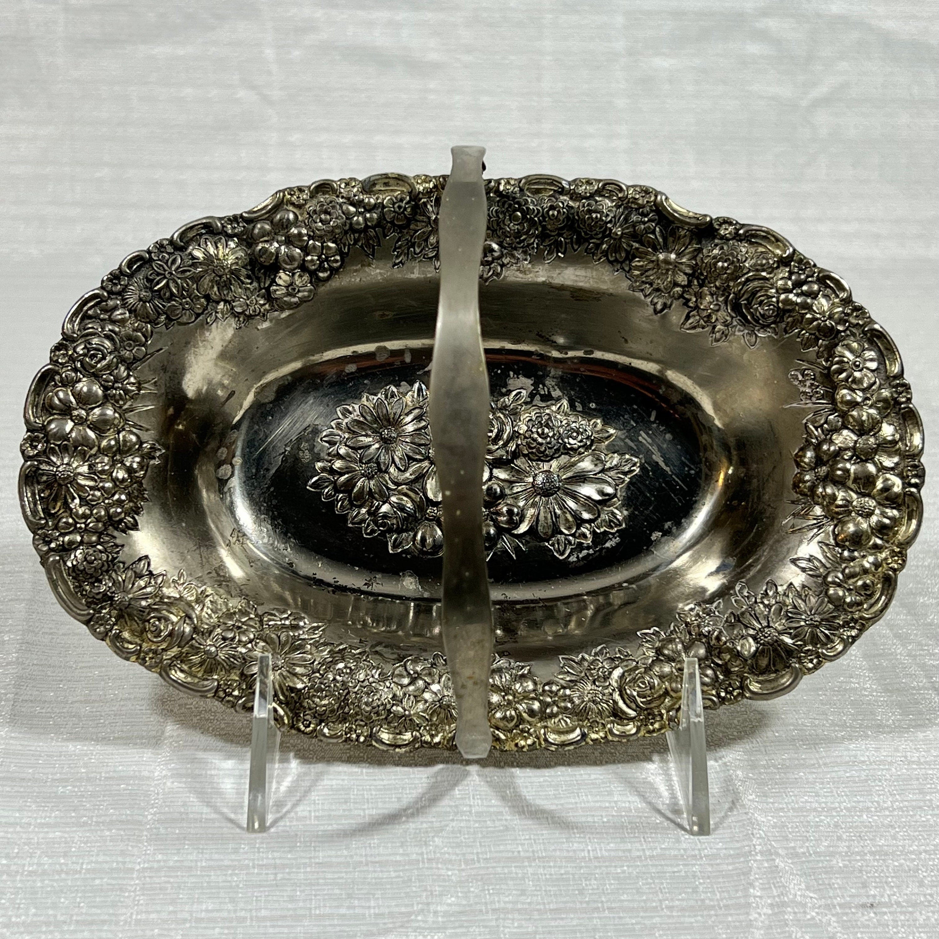 Vintage Silver Plated Raised Flowers Candy Dish Basket