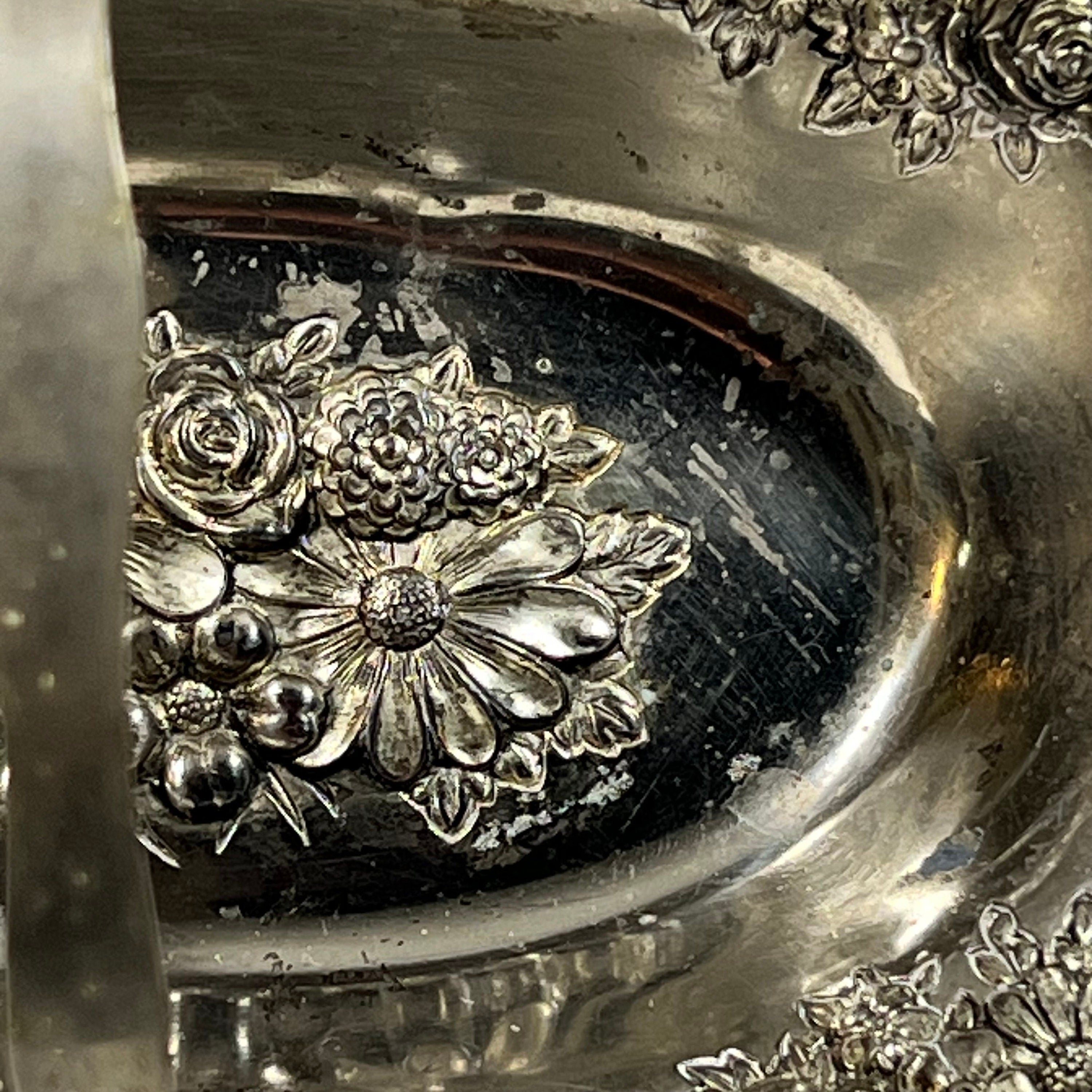 Vintage Silver Plated Raised Flowers Candy Dish Basket