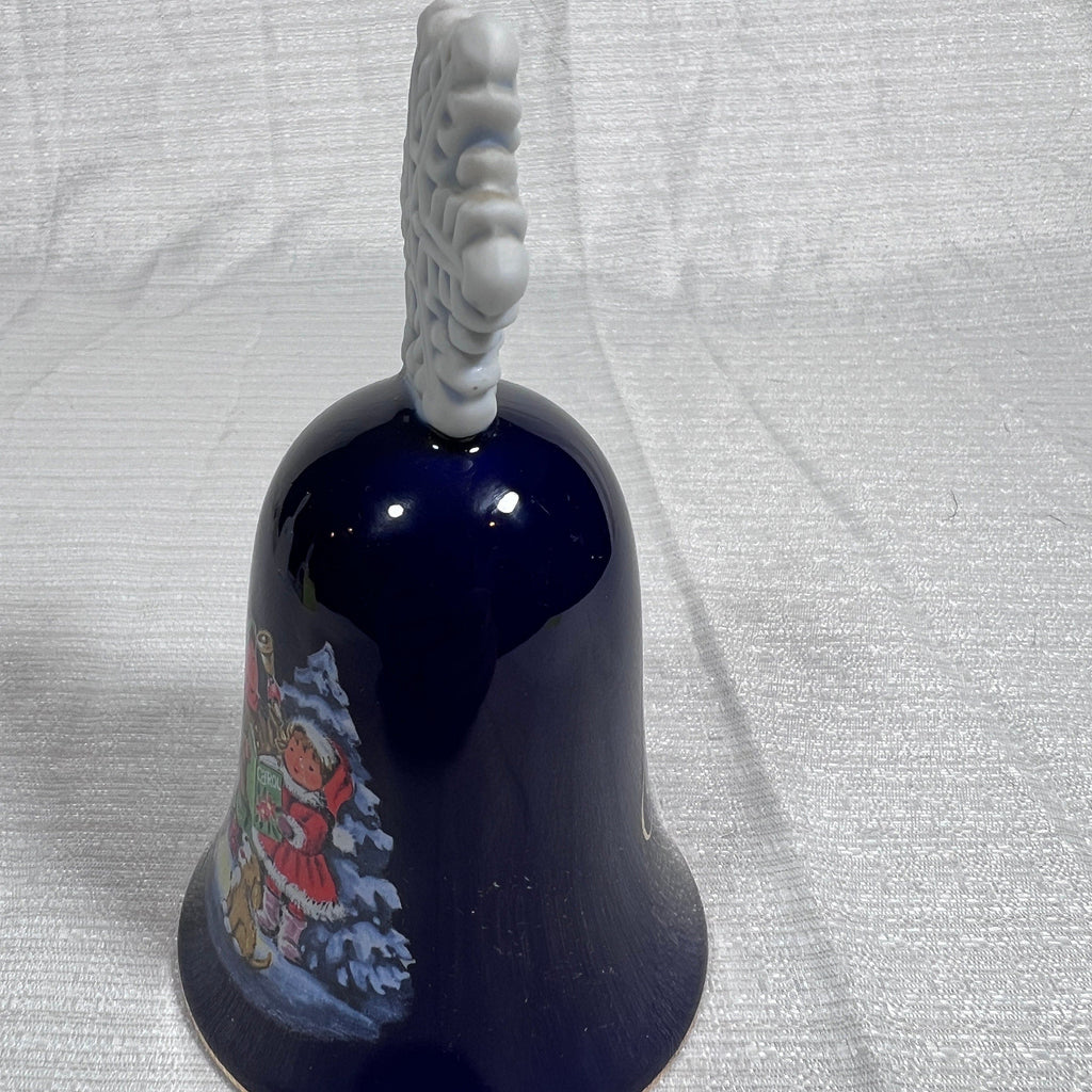 Vintage Avon Collectibles 1987 Christmas Bell, Caroling Kids, Blue Snowflake handle