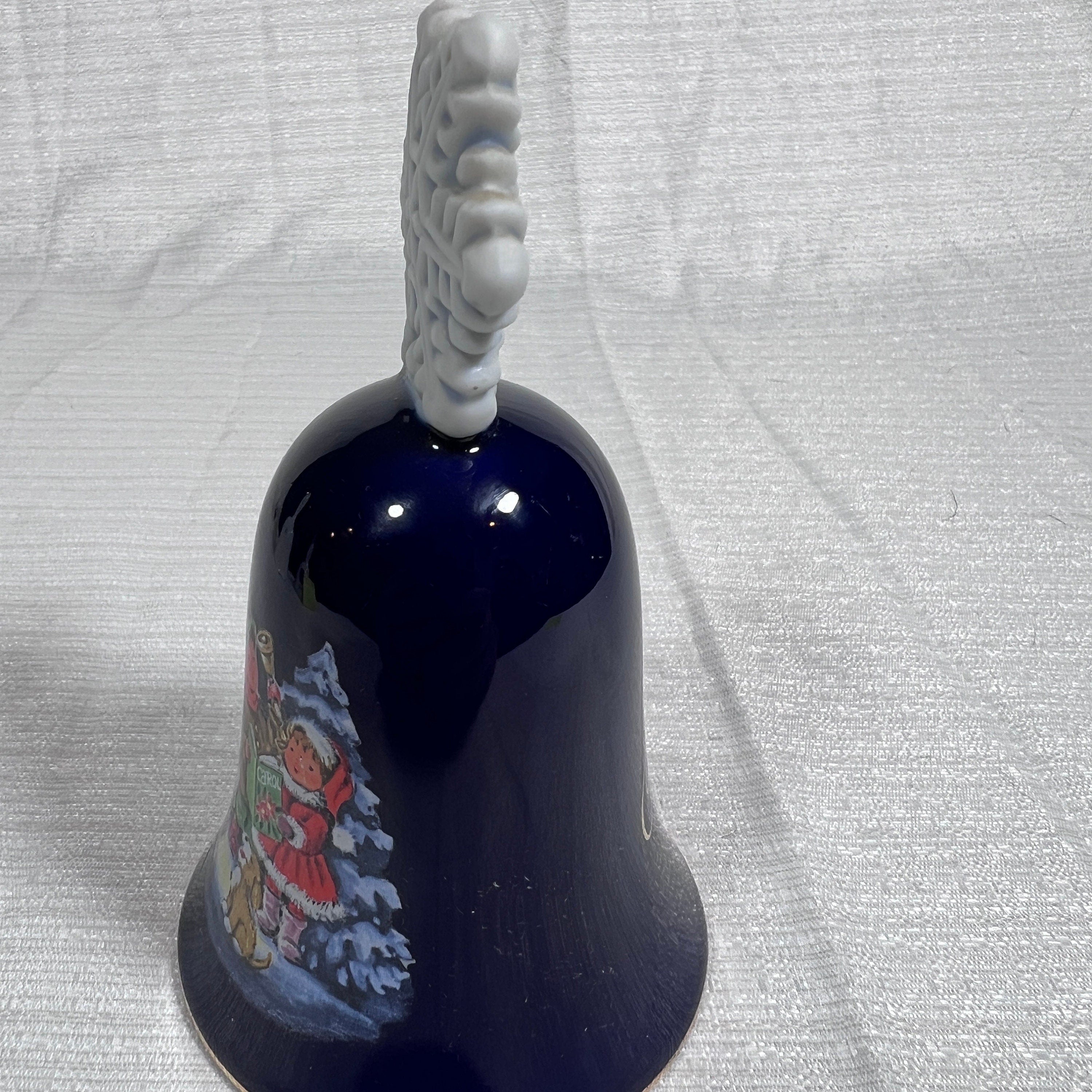 Vintage Avon Collectibles 1987 Christmas Bell, Caroling Kids, Blue Snowflake handle