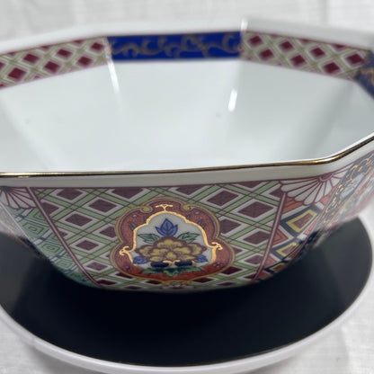 22k Gold Trim 9" Octagon Imari Style Bowl with an intricate design featuring birds and flowers