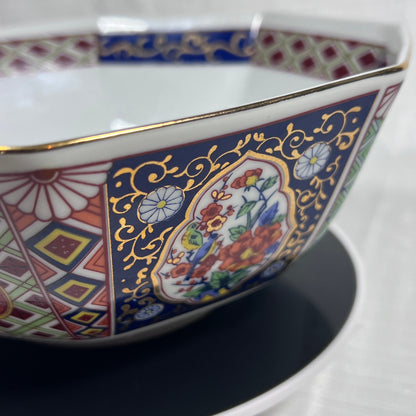 22k Gold Trim 9" Octagon Imari Style Bowl with an intricate design featuring birds and flowers